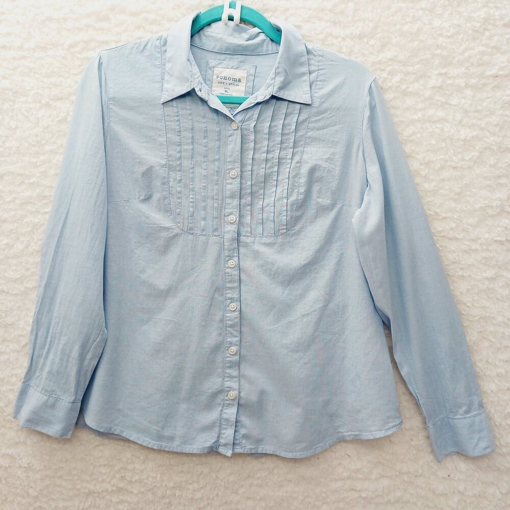 Blouse Pintuck Powder Blue Classic Preppy Capsule Wardrobe Feminine Chic Size PL
